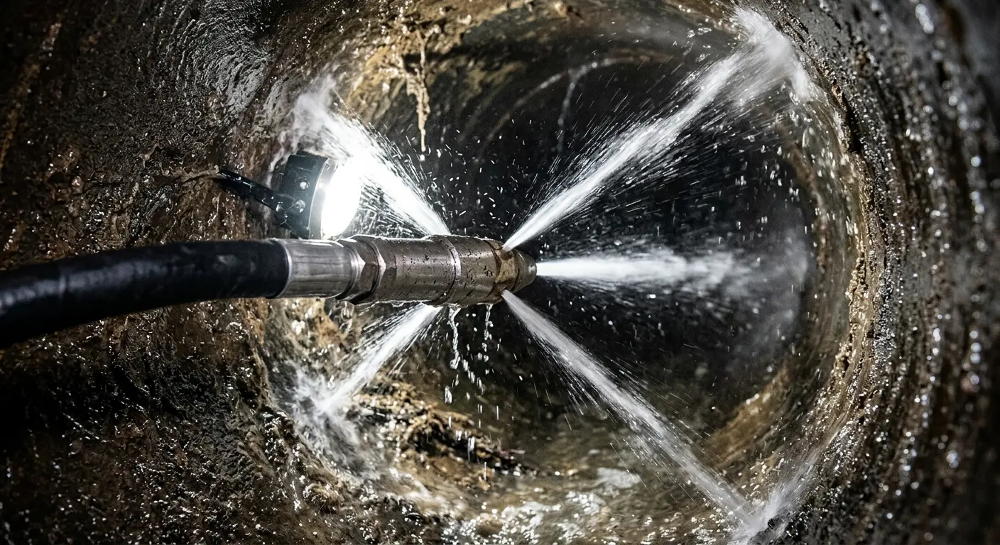 High-pressure hydro jetting nozzle cleaning sewer pipe for Sewer Cleanout in Goffstown