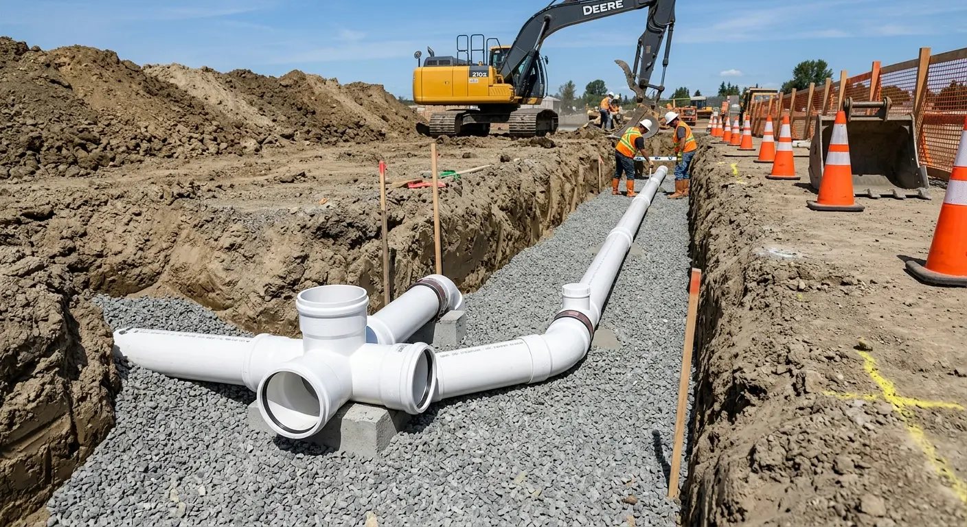 New PVC sewer pipe installation in open trench for Commercial Drain Cleaning in Goffstown